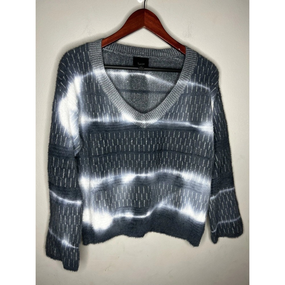 Lumiere V-Neck Sweater Womens S Gray White Tie Dye Fuzzy Knit Cloudcore Grunge